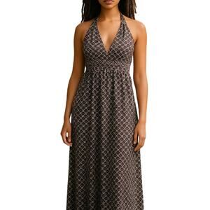 Boho Maxi Dress Purple Medallion Open Back Halter XL Flowing Summer Festival